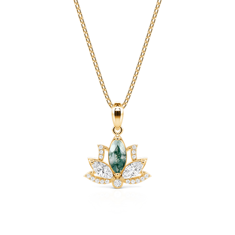 Gold Lotus Necklace with Marquise Moss Agate