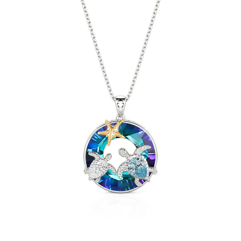 Ocean Gradient Blue Two Turtle and Starfish Necklace