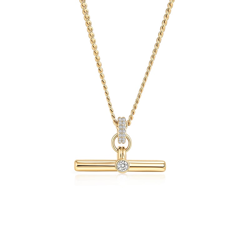 "Andy" Style Classic Gold T-Bar Necklace with Round Cut Stone