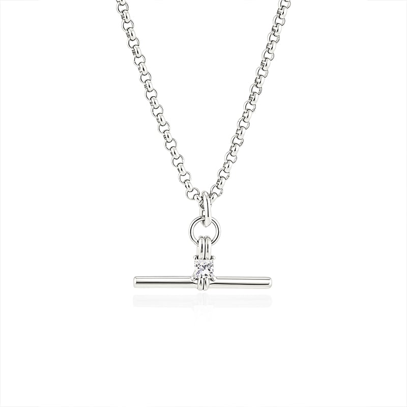 "Andy" Style Silver T-Bar Necklace with Square Stone