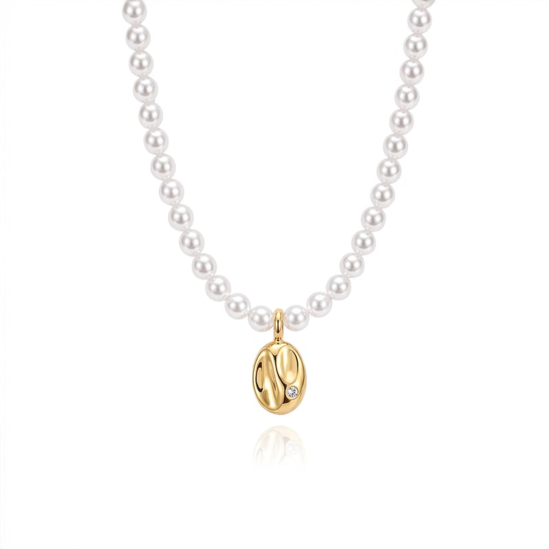 Everyday "Andy" Style Pearl Necklace with Irregular Gold Disc
