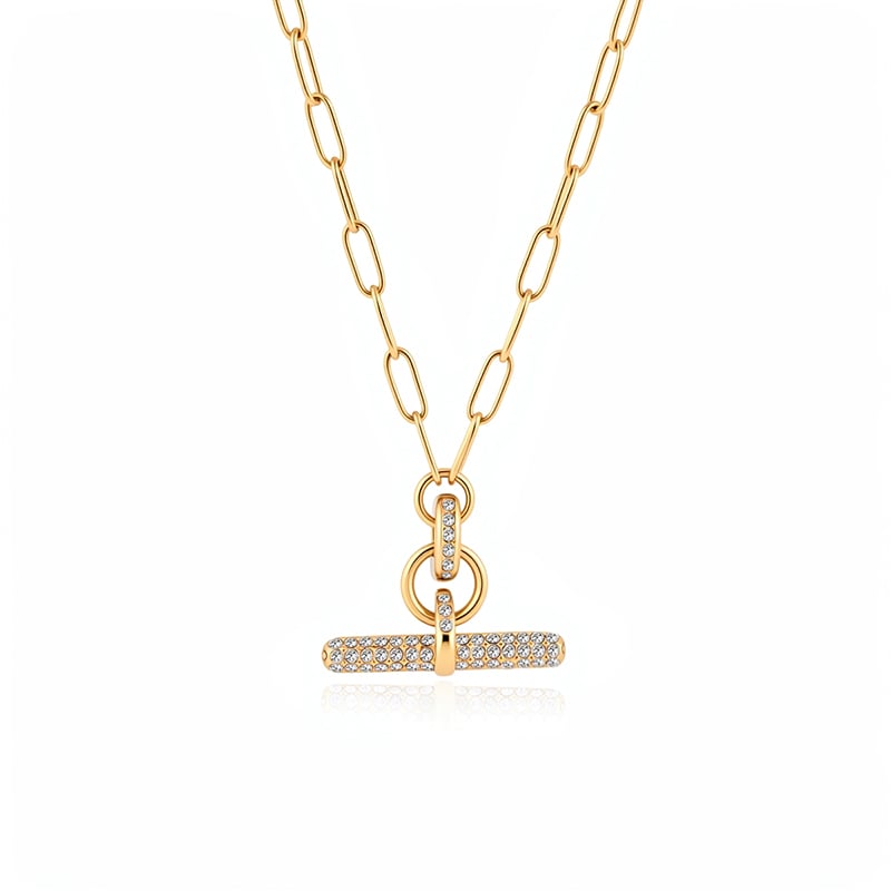 "Andy" Style Gold Pave Paperclip Chain T-Bar Necklace