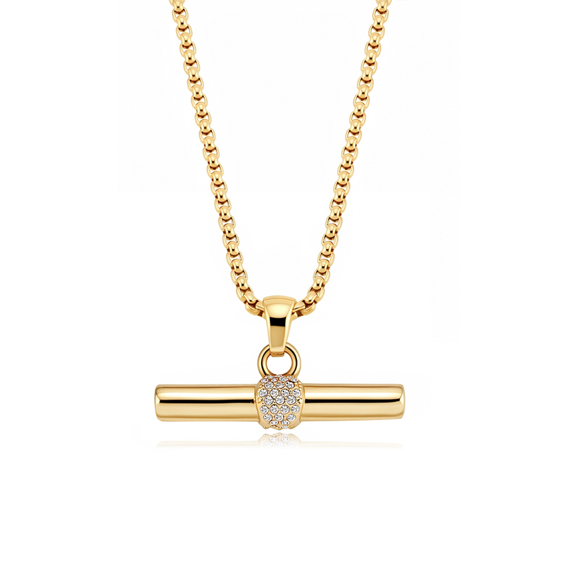 "Andy" Style Gold Pave T-Bar Necklace with Box Chain