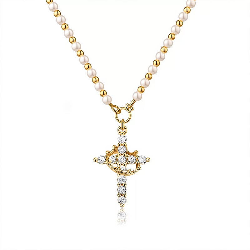 Gold Pearl Chain Cross and Crown Necklace