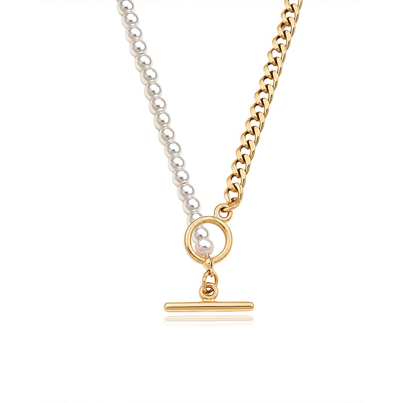 Everyday Half Pearl Gold Cuban Chain Toggle Necklace