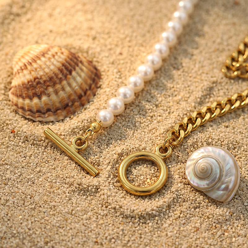 Juelvia Everyday Half Pearl Gold Cuban Chain Toggle Necklace