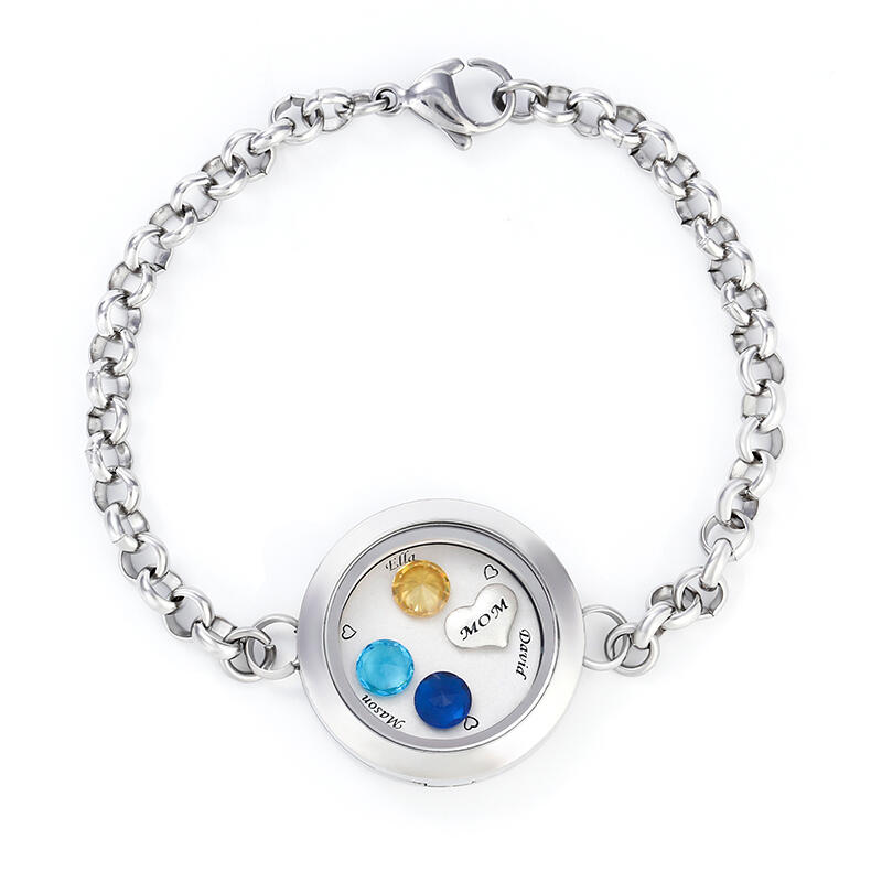 Engraved Floating Locket Bracelet With Charms And Birthstones Stainless Steel