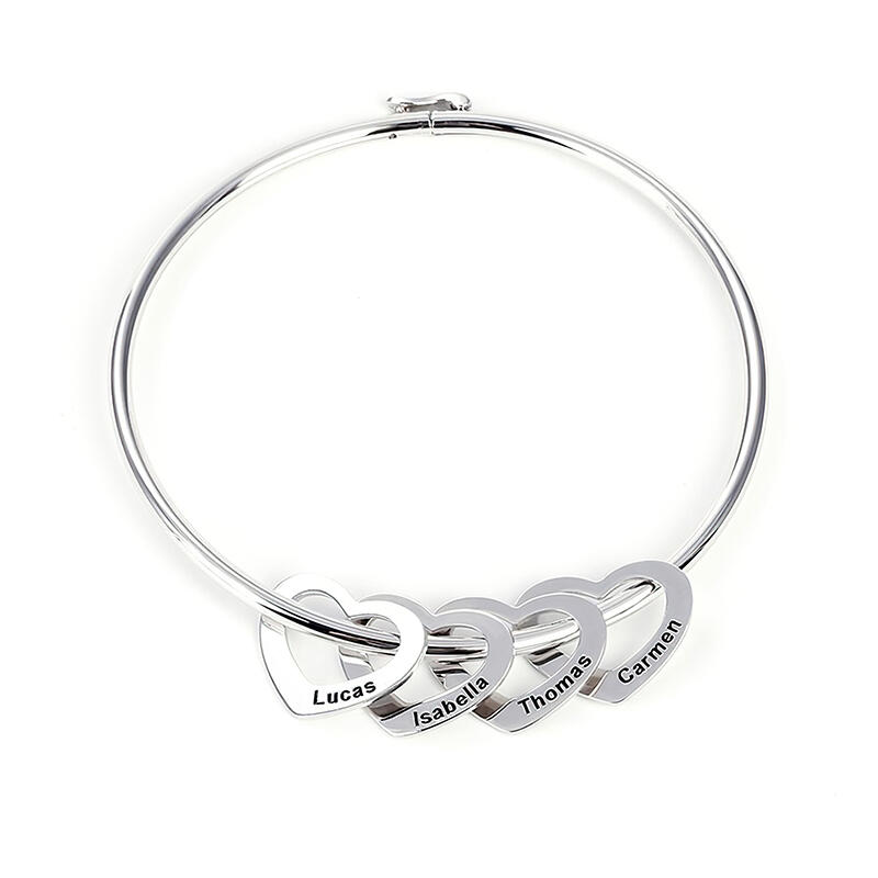 Bangle Bracelet with Heart Shape Pendants in Sterling Silver