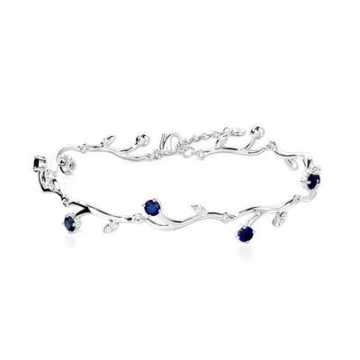 Juelvia Elegant Floral Leaf Bracelet with Sapphire Blue Stone