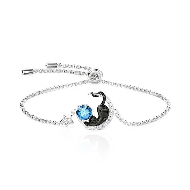 Custom Black Cat Moon and Star Bracelet With Birthstone