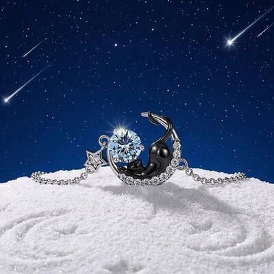 Juelvia Custom Black Cat Moon and Star Bracelet With Birthstone