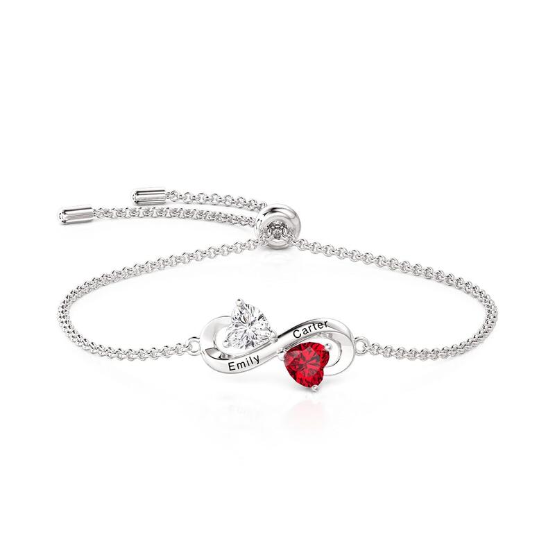 Custom Name Infinity Bracelet with 2 Heart Birthstones