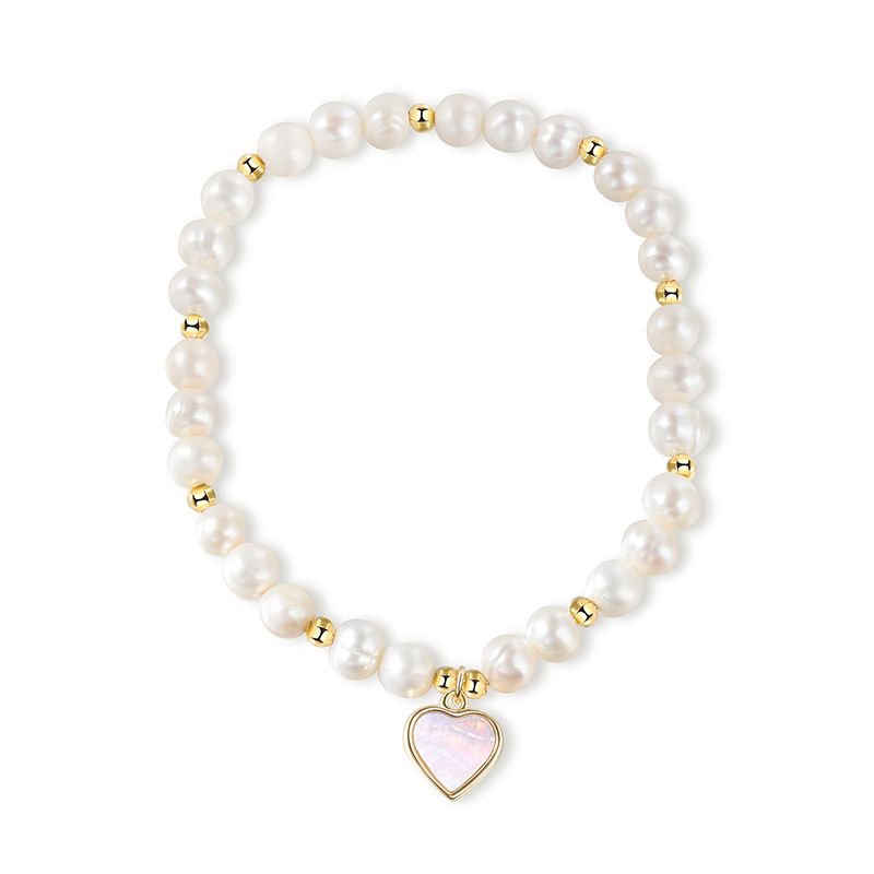 Heart-shaped Mother of Pearl Pendant Golden Tone Pearl Elastic Bracelet