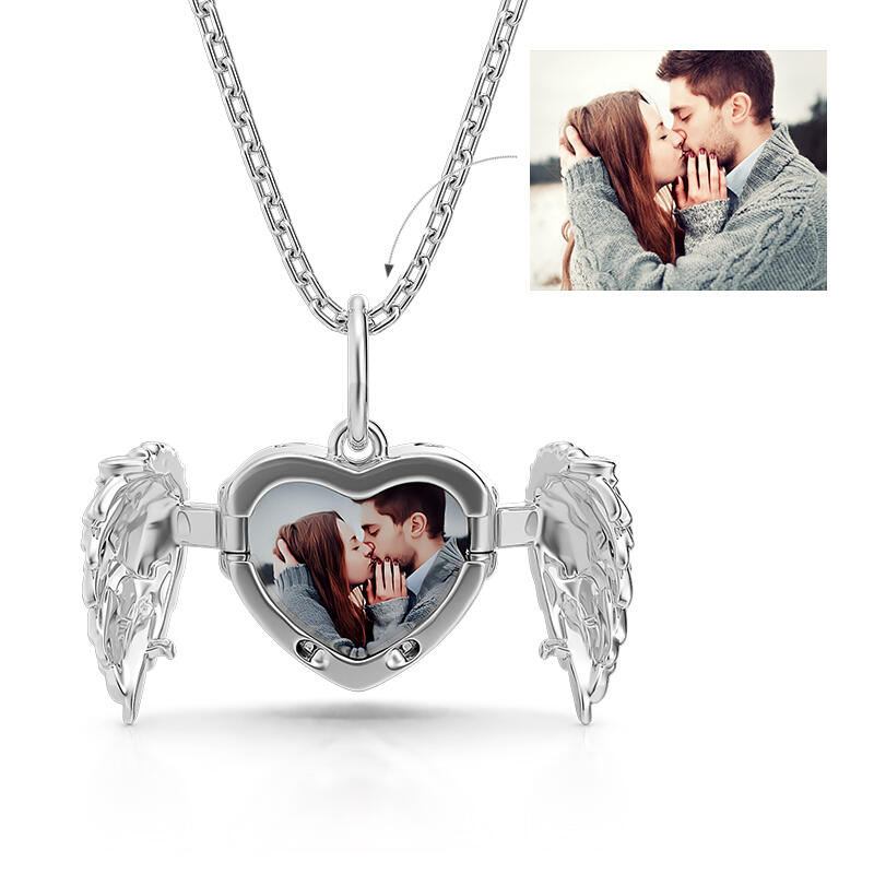 Openable Angel Wings Heart Personalized Sterling Silver Photo Necklace