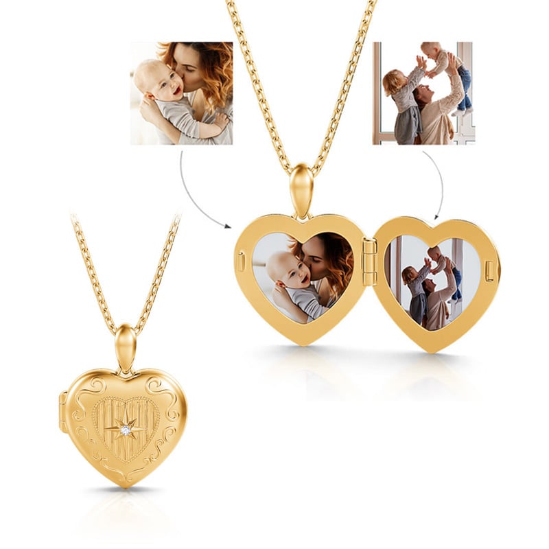 Star Design Heart Personalized Photo Sterling Silver Locket Necklace