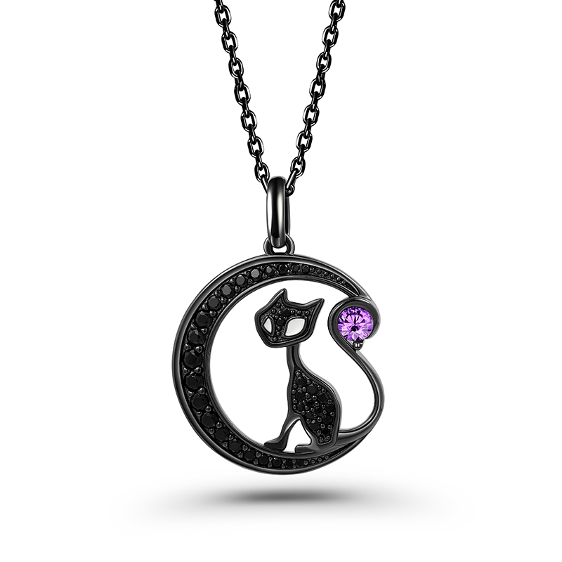 "Black Cat on the Moon"Custom Birthstone Necklace