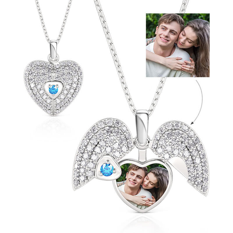 Personalized Heart Photo Locket Necklace with Birthstone Sterling Silver