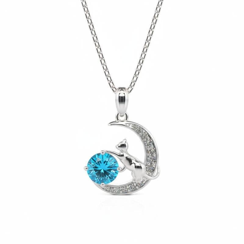 "Cat on the Moon" Custom Birthstone Necklace Sterling Silver