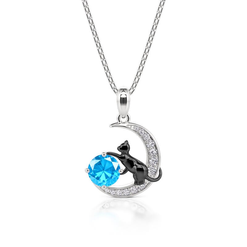 "Black Cat on the Moon" Custom Birthstone Necklace Sterling Silver