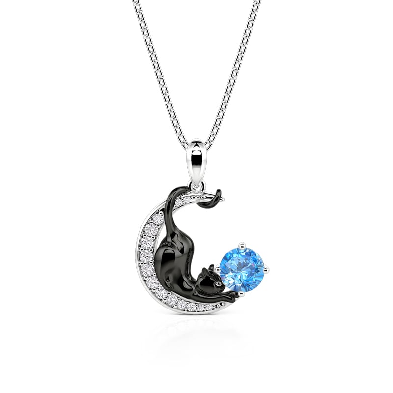 Custom Black Cat Moon Necklace With Birthstone