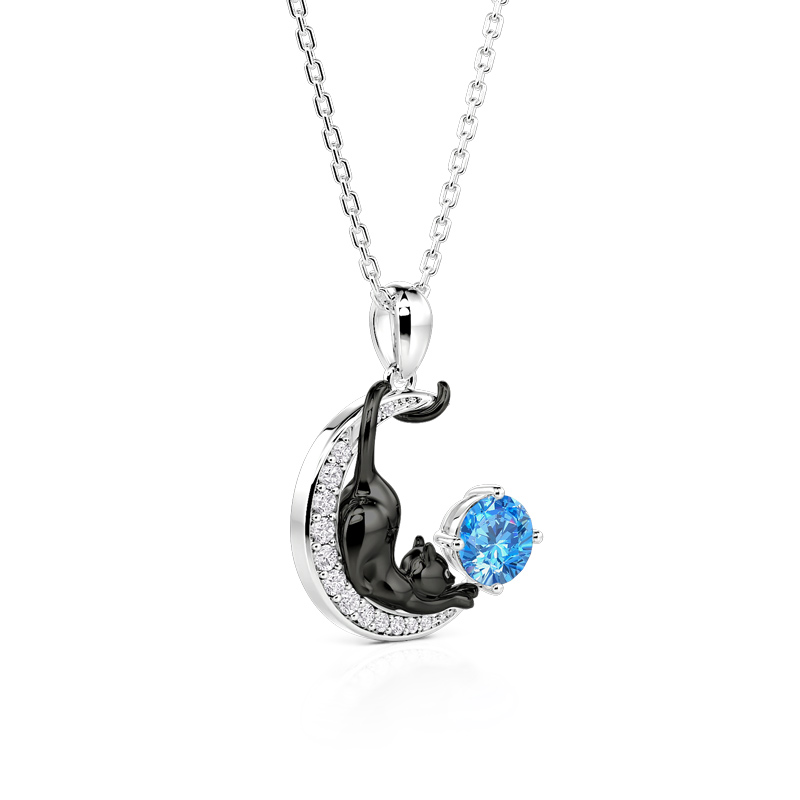 Juelvia Custom Black Cat Moon Necklace With Birthstone