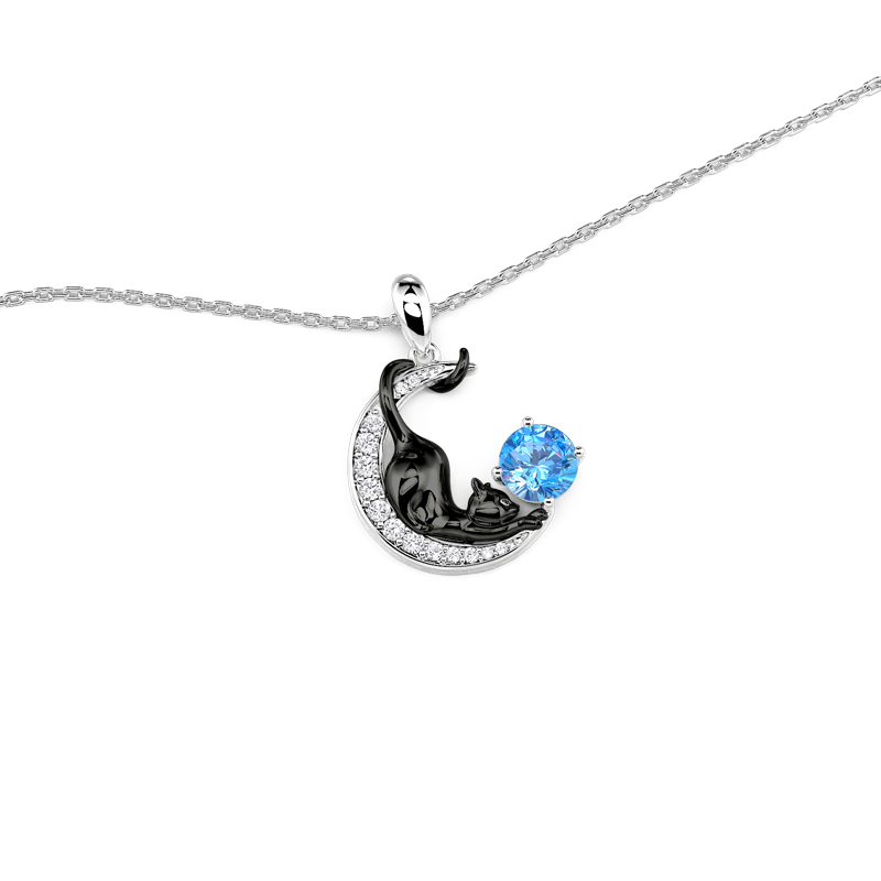 Juelvia Custom Black Cat Moon Necklace With Birthstone