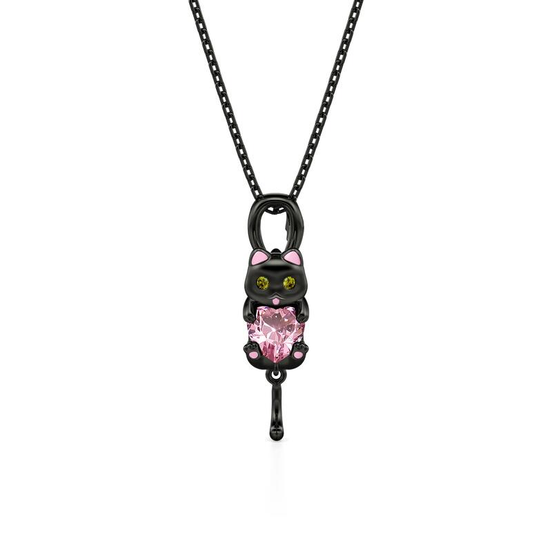 Hug Me Black Cat Necklace with Pink Heart Stone