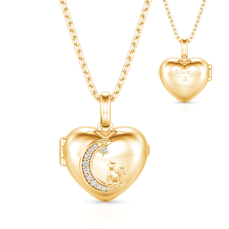 Custom Cat Moon Engraved Gold Heart Photo Locket Necklace