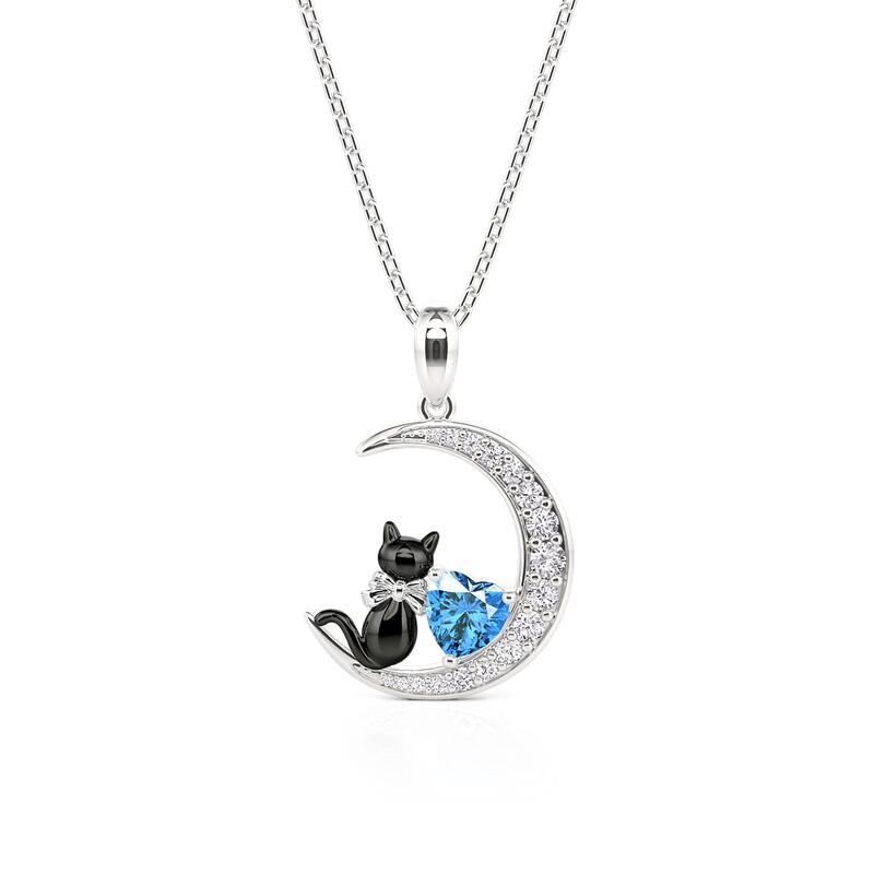 Custom Black Cat Moon Necklace with Heart Birthstone