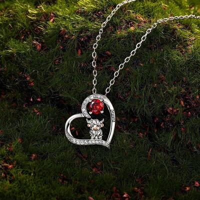Juelvia Custom Highland Cow Heart Necklace With Engraved & Birthstone