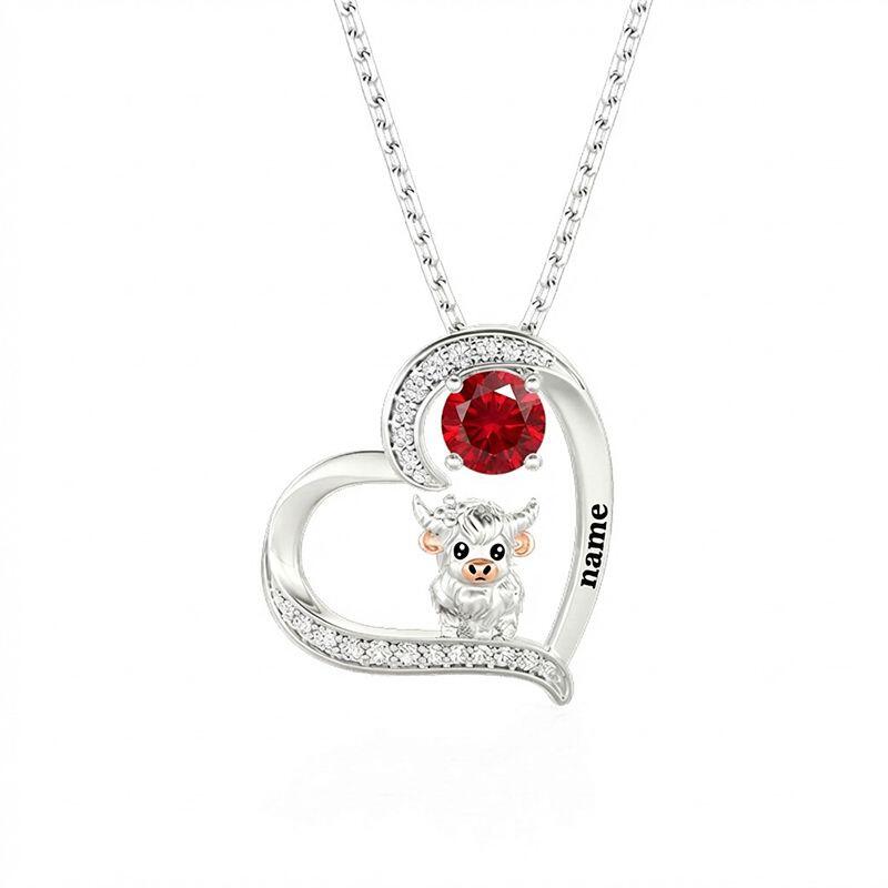Custom Highland Cow Heart Necklace With Engraved & Birthstone