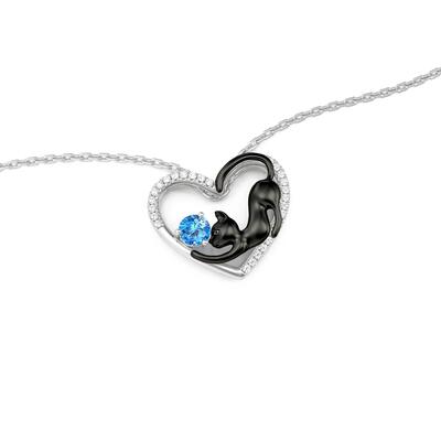 Juelvia Custom Black Cat Heart Necklace with Birthstone
