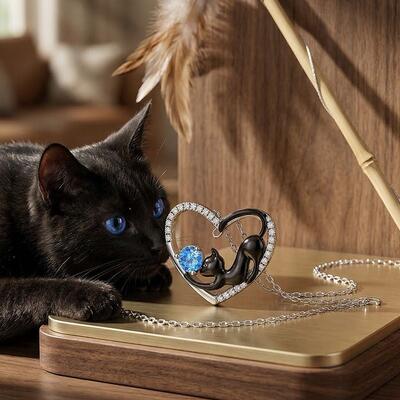 Juelvia Custom Black Cat Heart Necklace with Birthstone