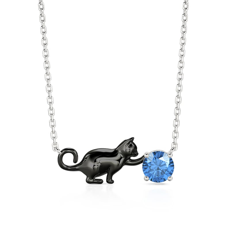 Custom Black Cat Necklace with Round Birthstone