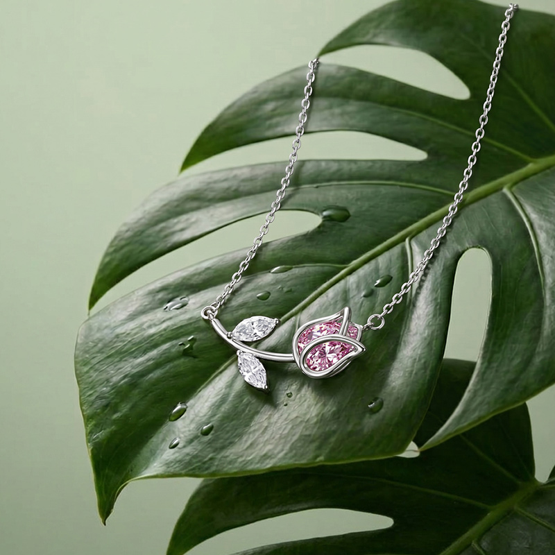 Juelvia Blossom Tulip Necklace with Pink Stone Sterling Silver