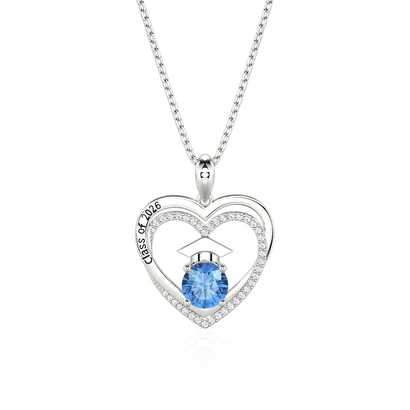Custom Heart Necklace with Birthstones and Engraved Graduation