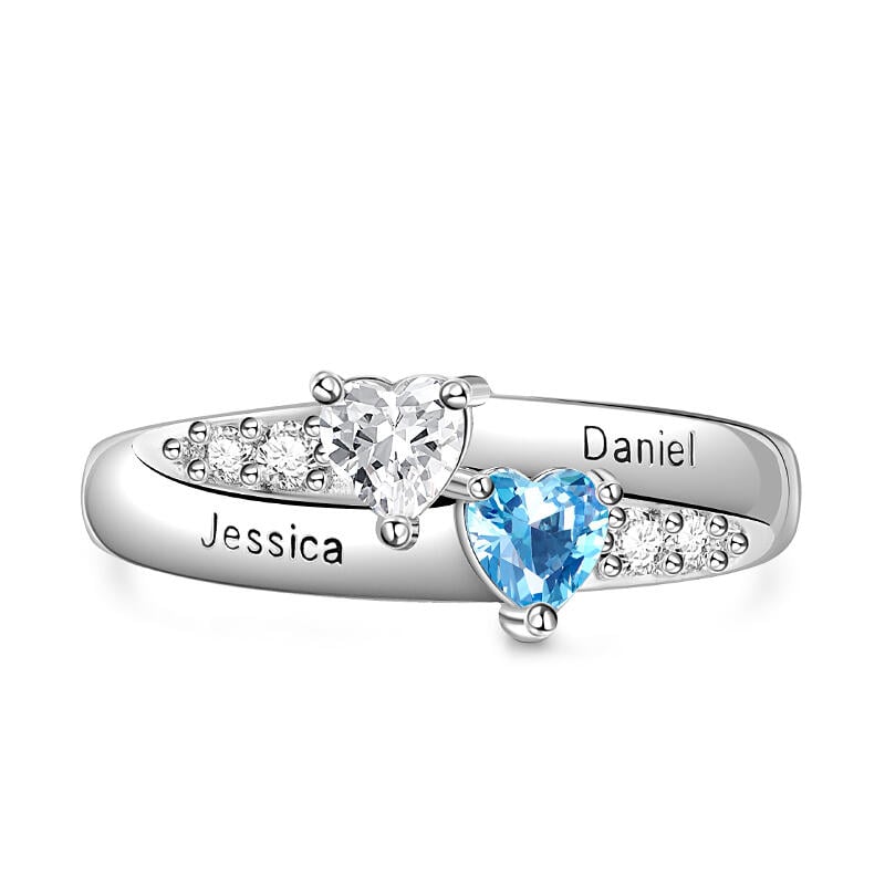 Two Stone Heart Cut Sterling Silver Ring with Birthstones