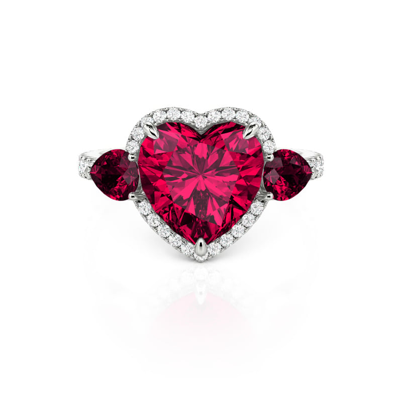 Three Stone Halo Heart Cut Sterling Silver Ring