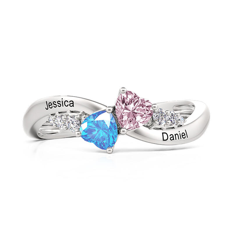 Unique Custom Double Heart Ring With Birthstone and Engraving