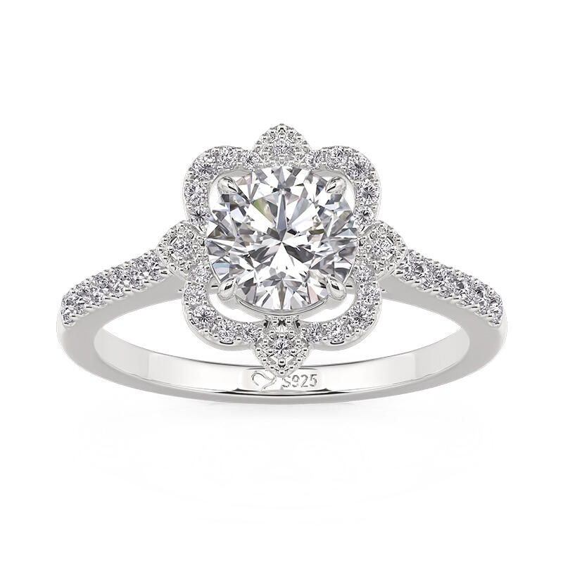 Hollow Halo Custom Round Cut Engagement Ring with Birthstone
