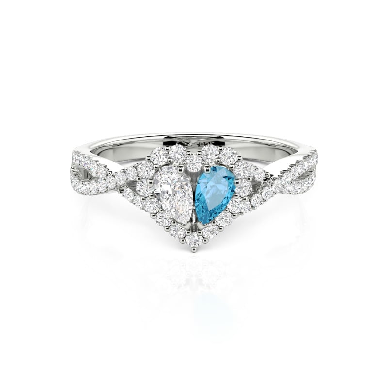 Halo Double Pear Cut Custom Heart Promise Ring with Twist Band