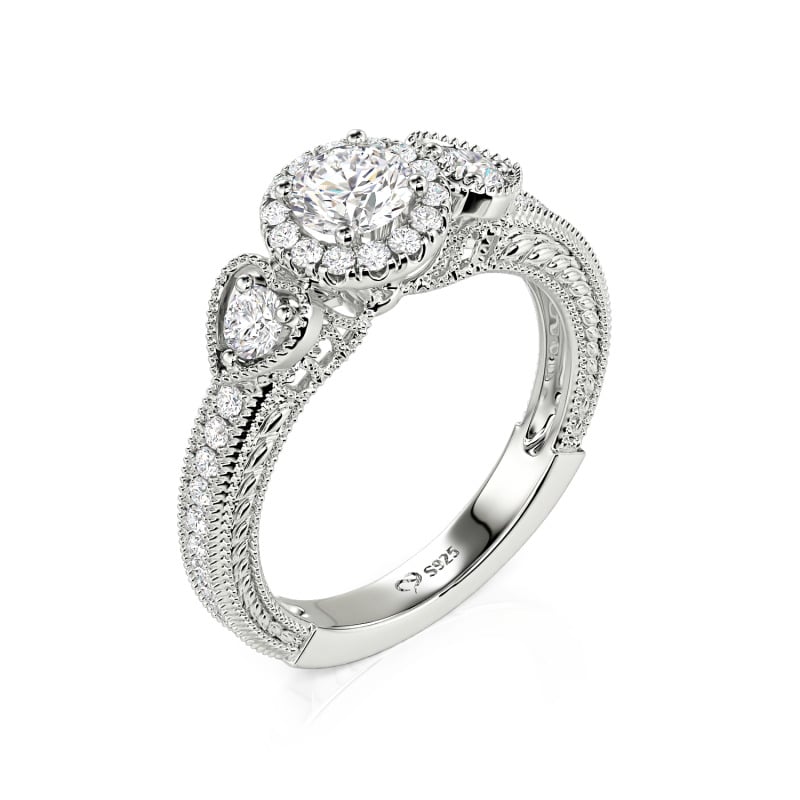 Juelvia Classic Custom Halo Three Stone Wedding Eternity Ring