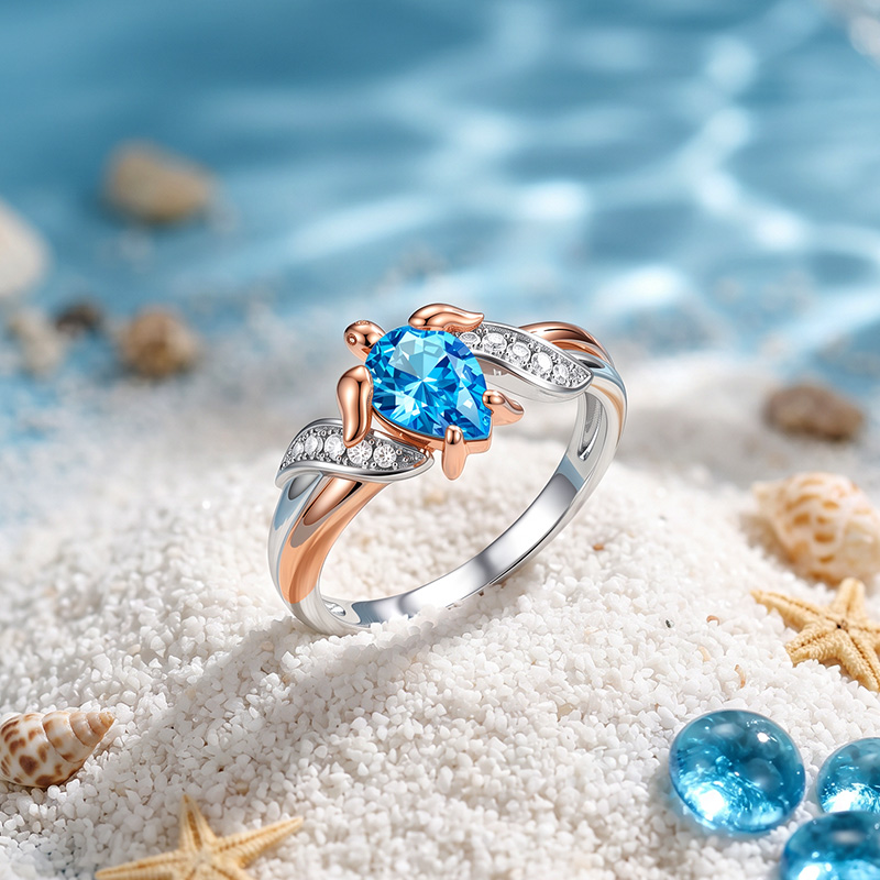Juelvia Hug Me Two Tone Custom Pear Cut Turtle Ring with Birthstone