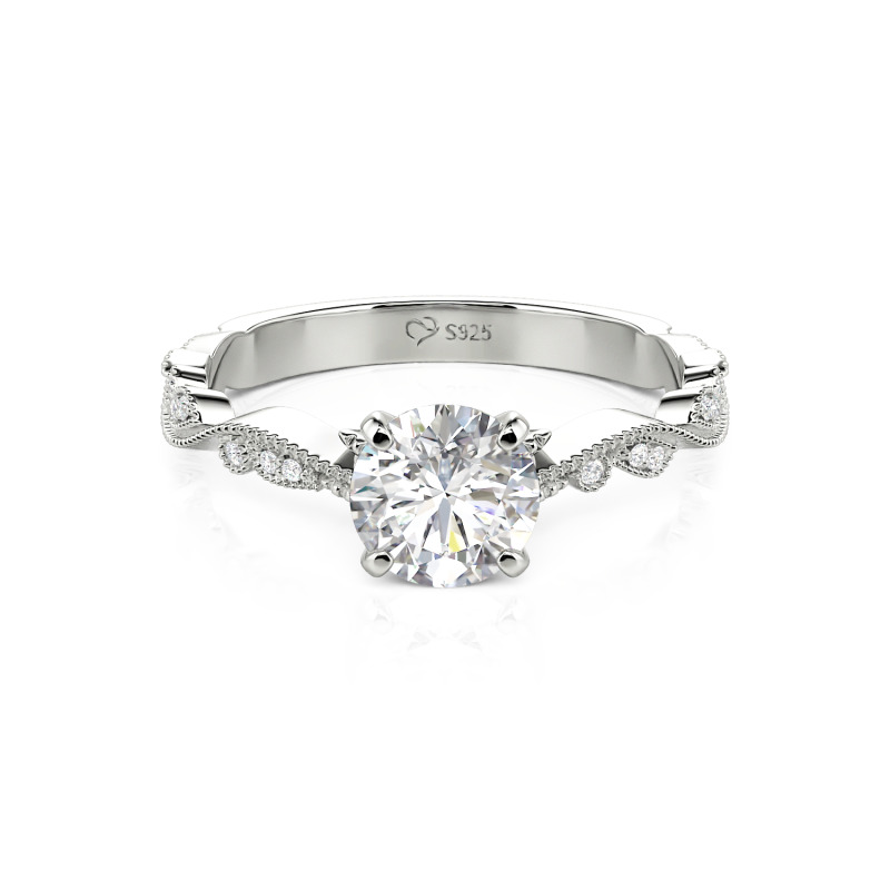 Custom Botanical Leaf Beaded Round Engagement Ring