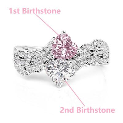 Juelvia Custom Bypass Wing Double Heart Ring With Birthstone