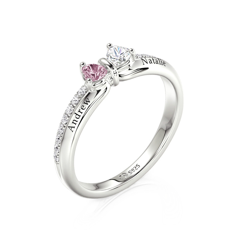 Juelvia Custom Double Heart Bow Birthstone Ring with Engraving