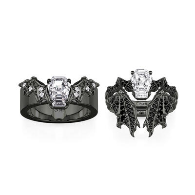 Juelvia Gothic Black Bat Coffin Cut Couple Rings Set