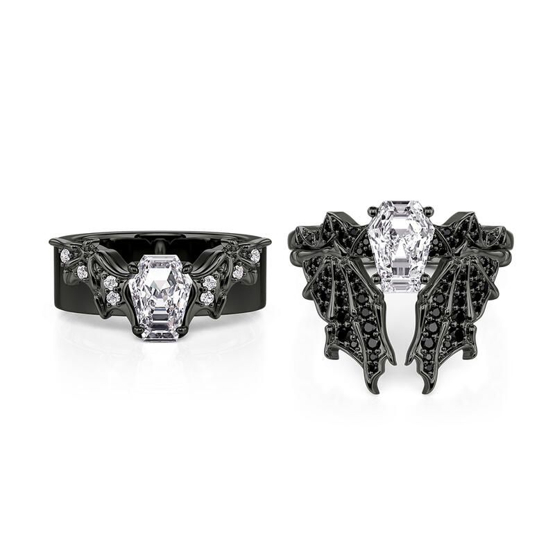 Gothic Black Bat Coffin Cut Couple Rings Set