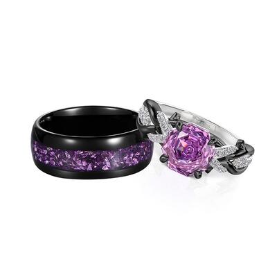 Juelvia Forest Black Purple Stone Couple Rings Set