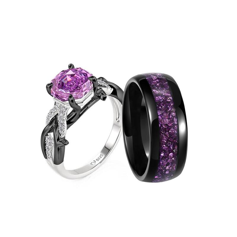 Forest Black Purple Stone Couple Rings Set